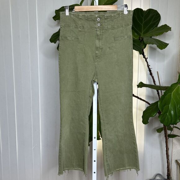 Free People High Rise Cropped Jeans Raw Hem Green Color Stretch We The Free 31 - Picture 1 of 7